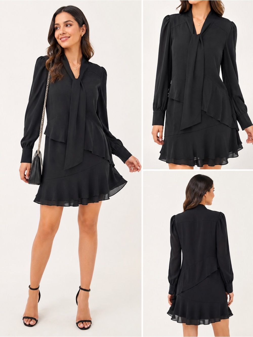Parker Black Long-Sleeve Tie-Neck Ruffle Mini Dress